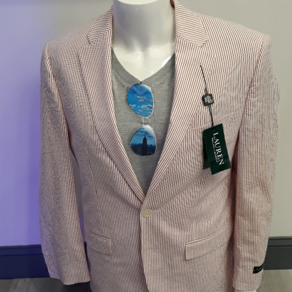 Seersucker men's Blazer red white pinstripe jacket